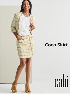 CAbi Coco Tweed Pencil Skirt in Ivory and Yellow SZ 8